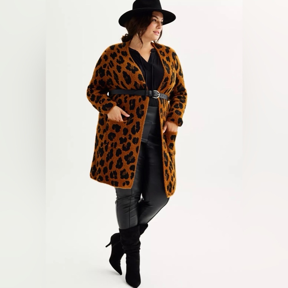 Nine West Leopard Print Eyelash Knit Cardigan Duster Brown Black Plus 1X - Picture 4 of 8